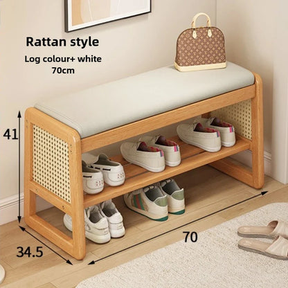 Teng woven shoe changing stool, entrance door, home door, multi-layer storage, solid wood, can sit on shoe stool