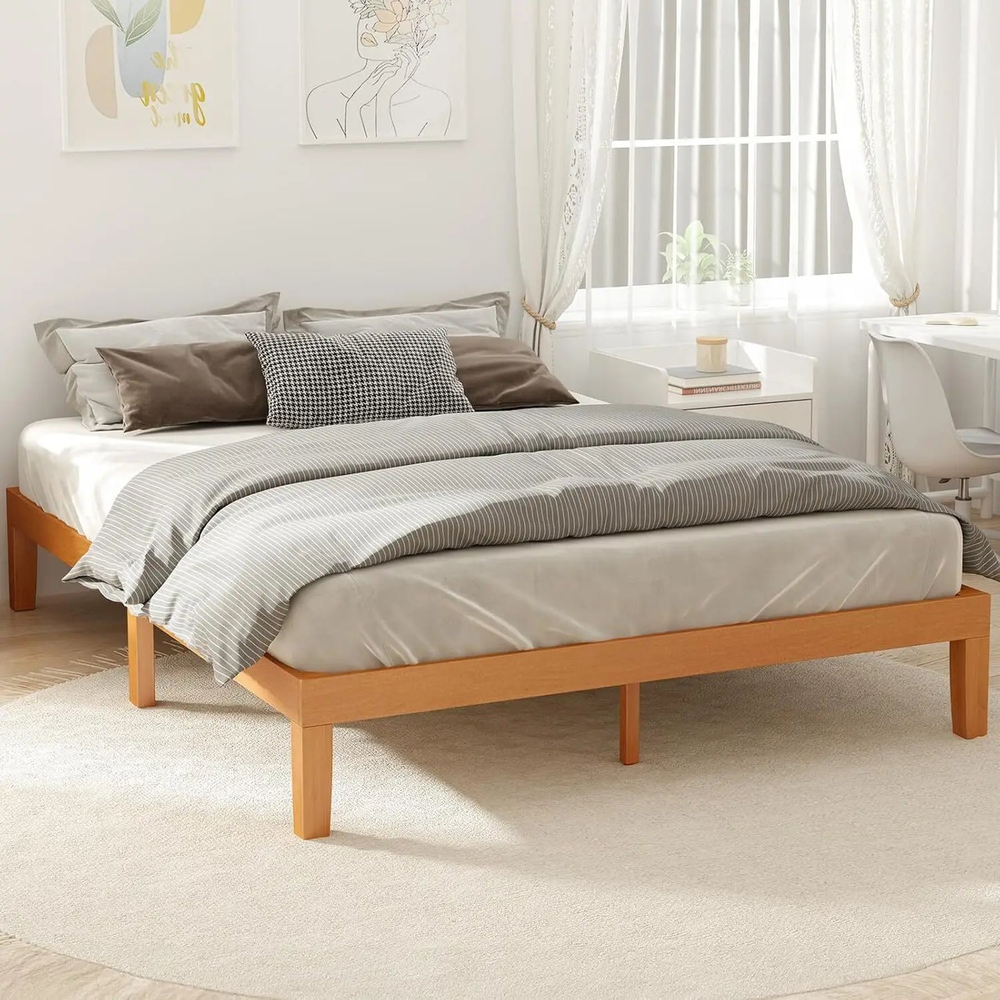 Queen Size Wood Bed Frame 12in Wooden Platform Bed Foundation with Support Slats