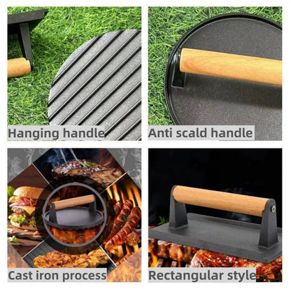 1pc Cast iron Rectangular Meat Press Round Heavy-Duty Steak Burger Press Barbecue Press For Flat Top Grill Hamburger Grinder