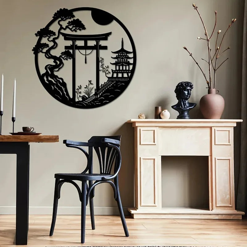 Fashion New Elegant Japanese Bird & Torii Gate Metal Wall Art, Easy-to-Hang Sparrow Door Sculpture for Modern Home Office Decor