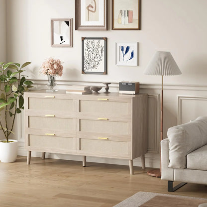 47.2" Rattan 6 Drawer Dresser Mid Century Modern Chest Of Drawers With Gold Handles Large Storage Dresser For Bedroom Entryway