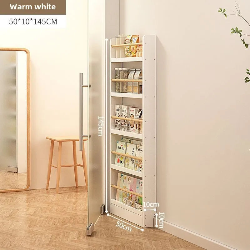 Solid wood bookshelf, floor standing wall mounted multi-layer storage rack, household bookshelf, thin bookshelf behind the door