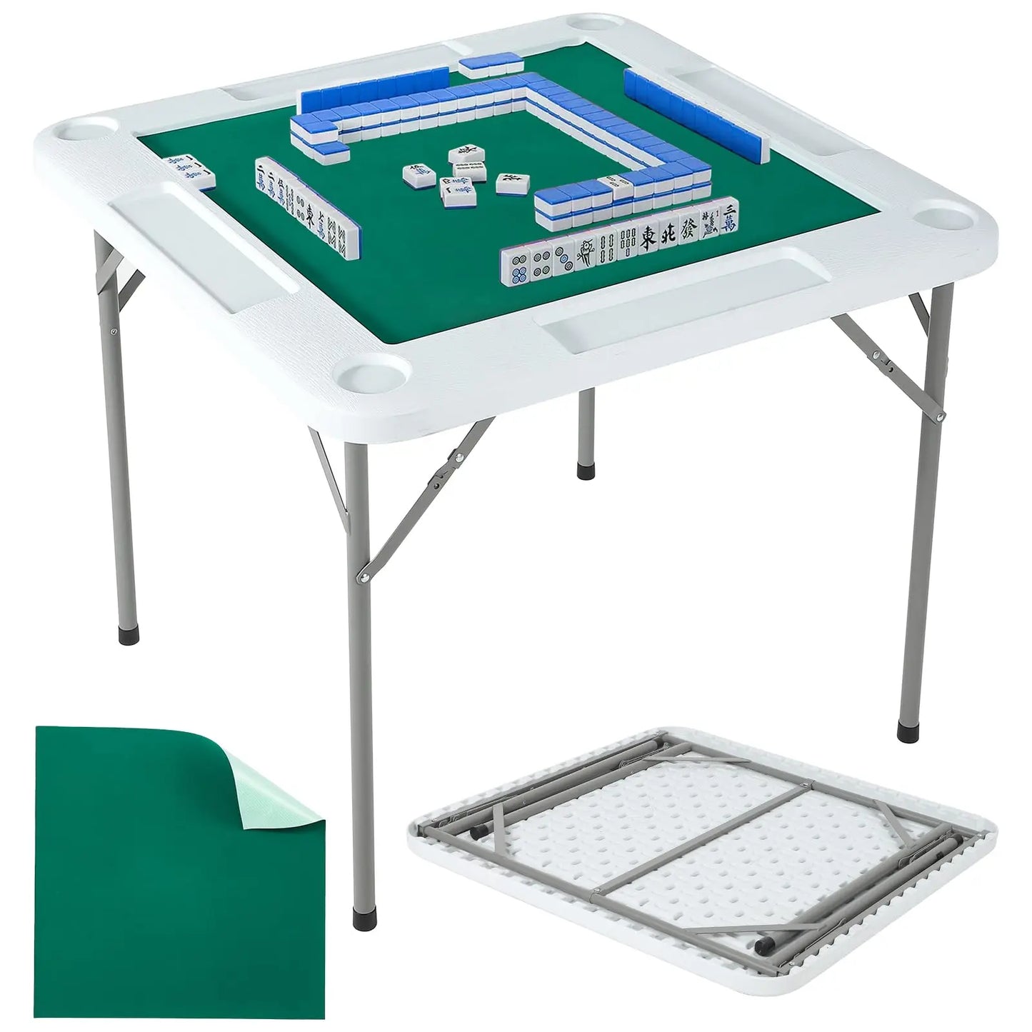 35.4" Folding Mahjong Domino Table, 4 Player Square Card Desk With Cup Holders & Chip Trays, Portable Green Board Game Table