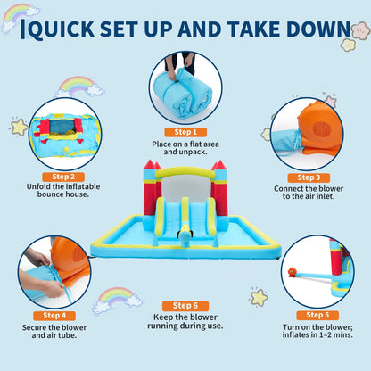 15x11FT Inflatable Bounce House With 450W Blower 7-In-1 Wet Dry Water Slide Kids Jumping Castle For Indoor Outdoor Backyard