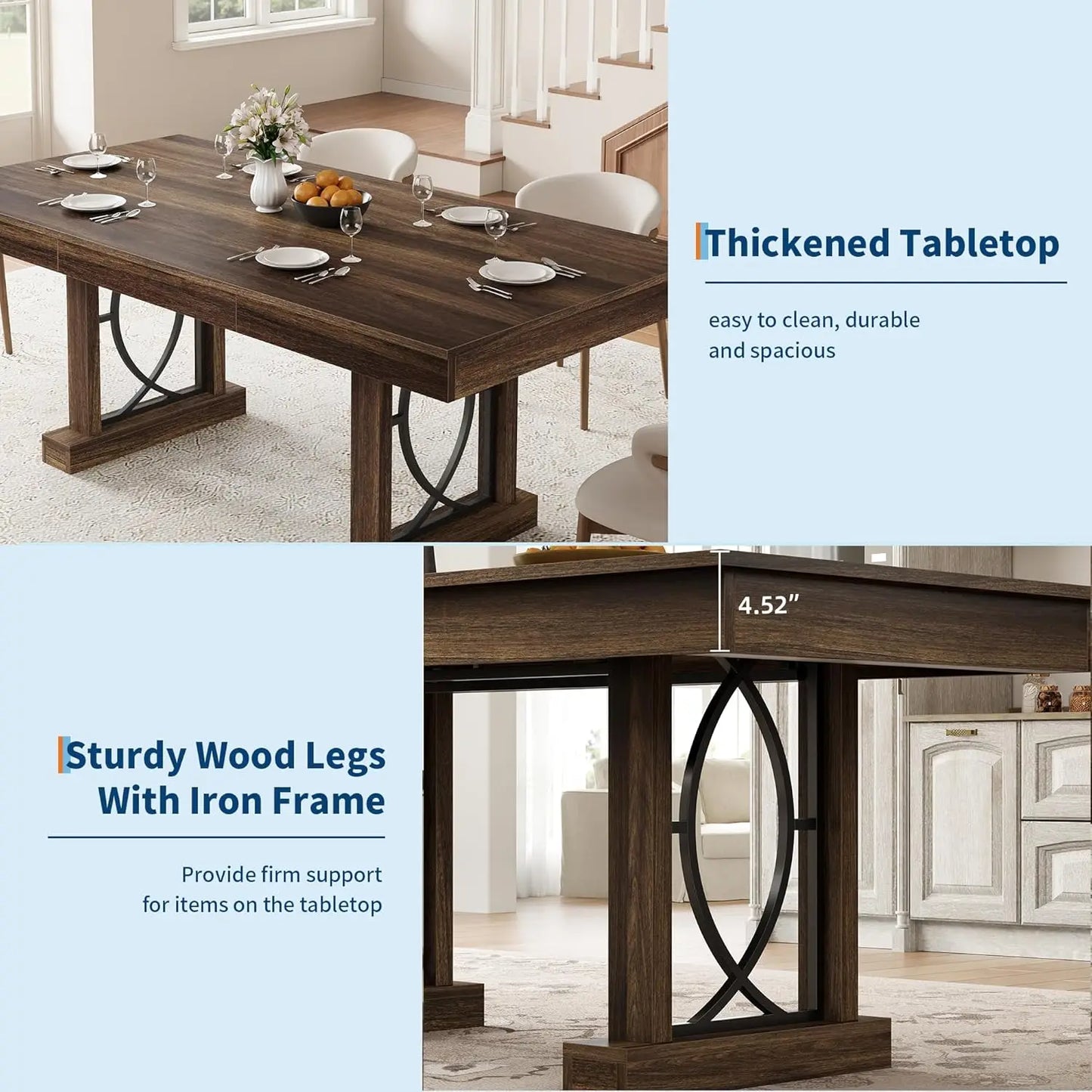 Wooden Rectangular Kitchen Table with Double Pedestal & Large Tabletop Dining Room Table for 6-8 with 2 Drawers Walnut