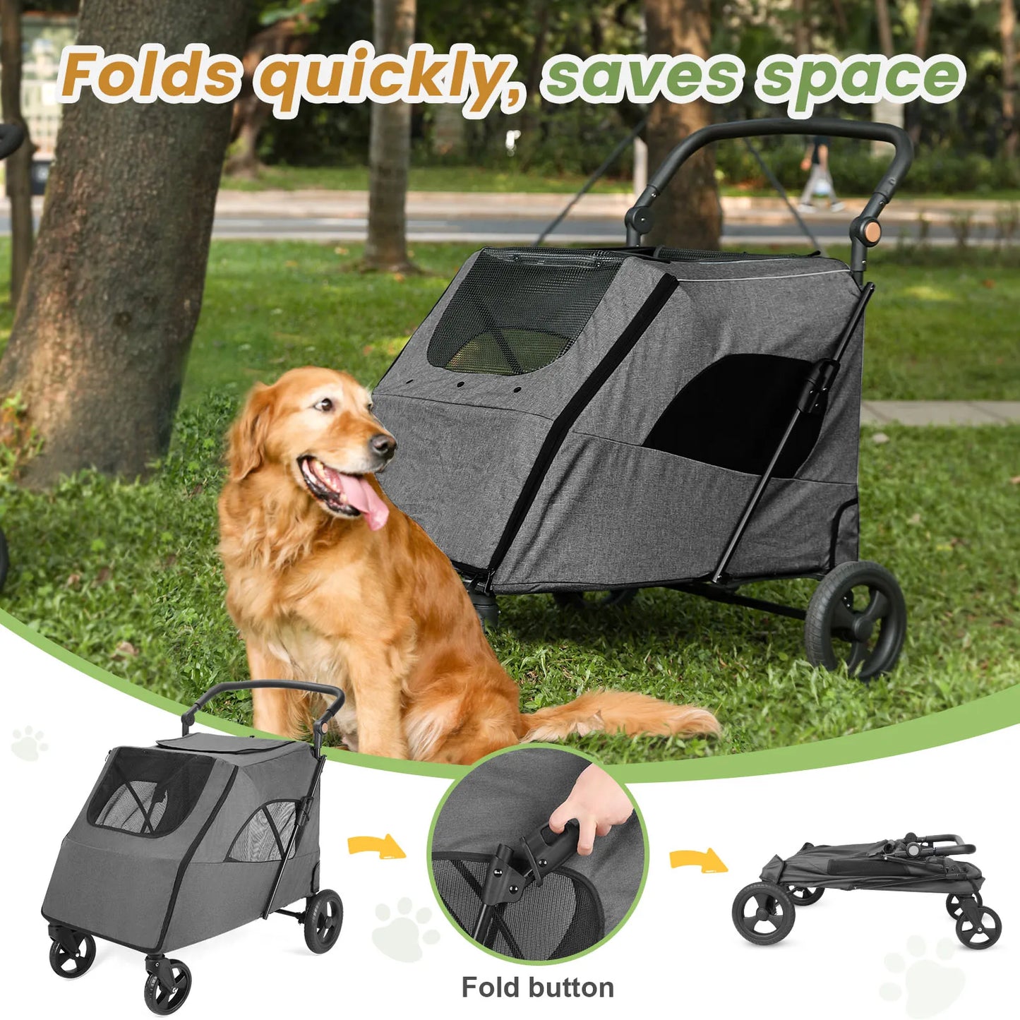 Pet Stroller for Large Dogs,Up to 66lbs Pet Pram Adjustable Handle, Folding Dog Buggy, XXL Storage Double Pet Pram for Cats