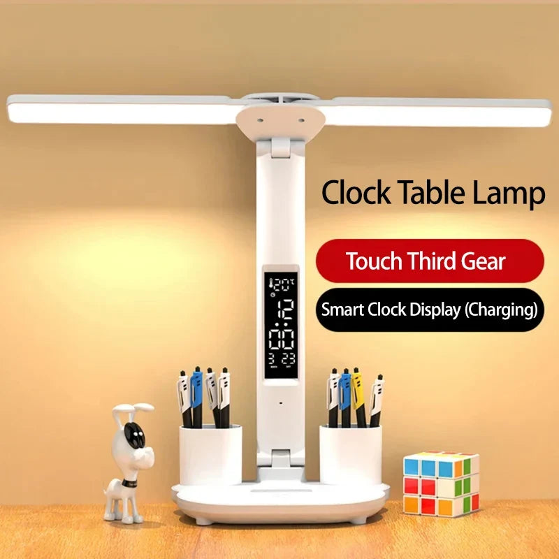 LED Desk Lamp Portable Foldable Fan Lamp Smart Display Clock USB Rechargeable Desk Lamp Eye Protection Study Reading Desk Light