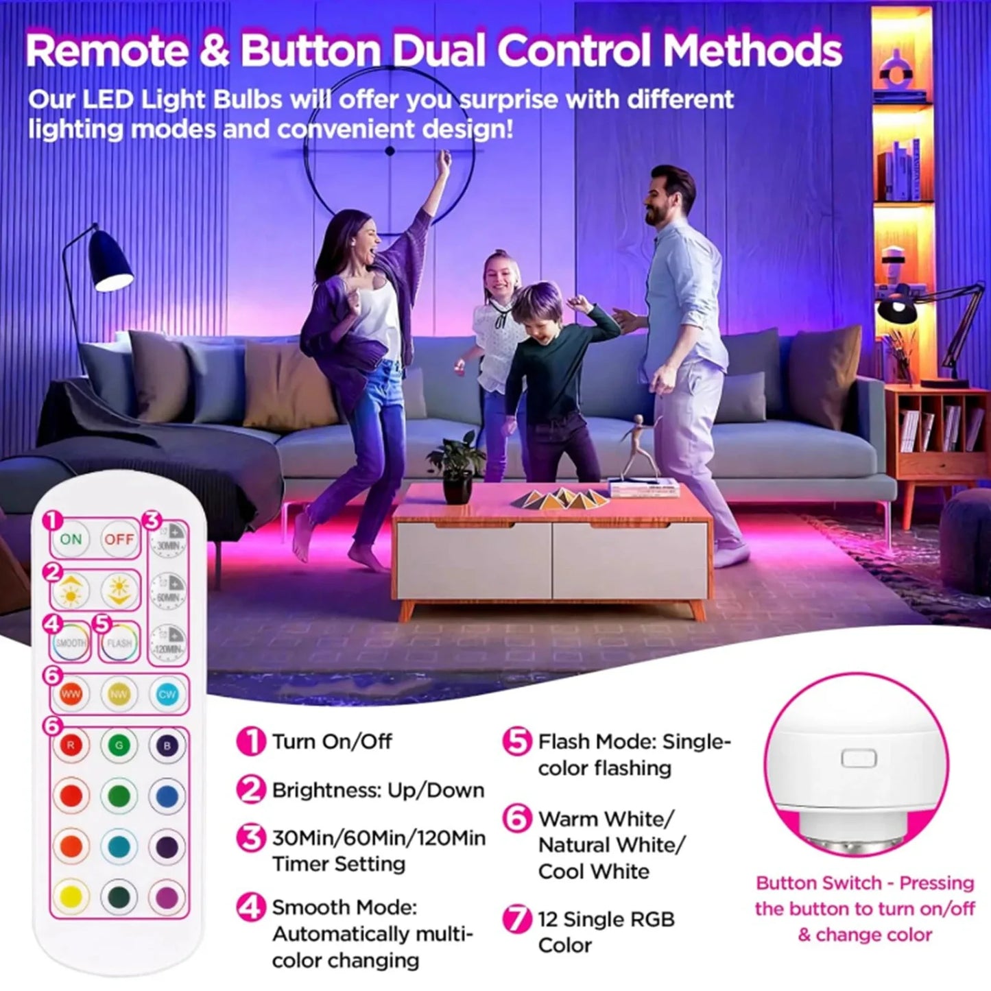 LED Rechargeable Light Bulbs Remote Control Battery Operated Light Bulb with Timer, Dimmable, 3 Color Temperatures