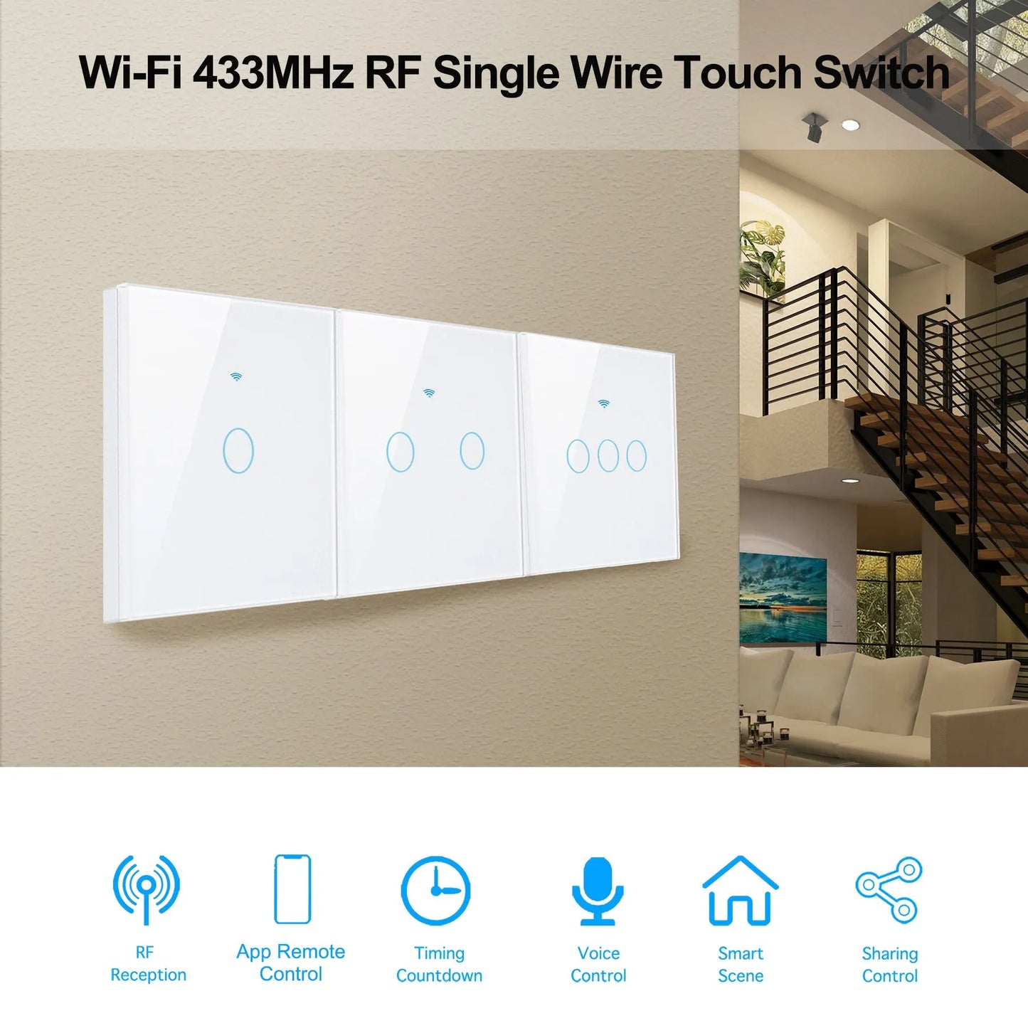 Work With Tuya WiFi Smart Switch Works With Alexa With/Without Neutral Wire Wireless RF433 Wall Touch Sensor Switch
