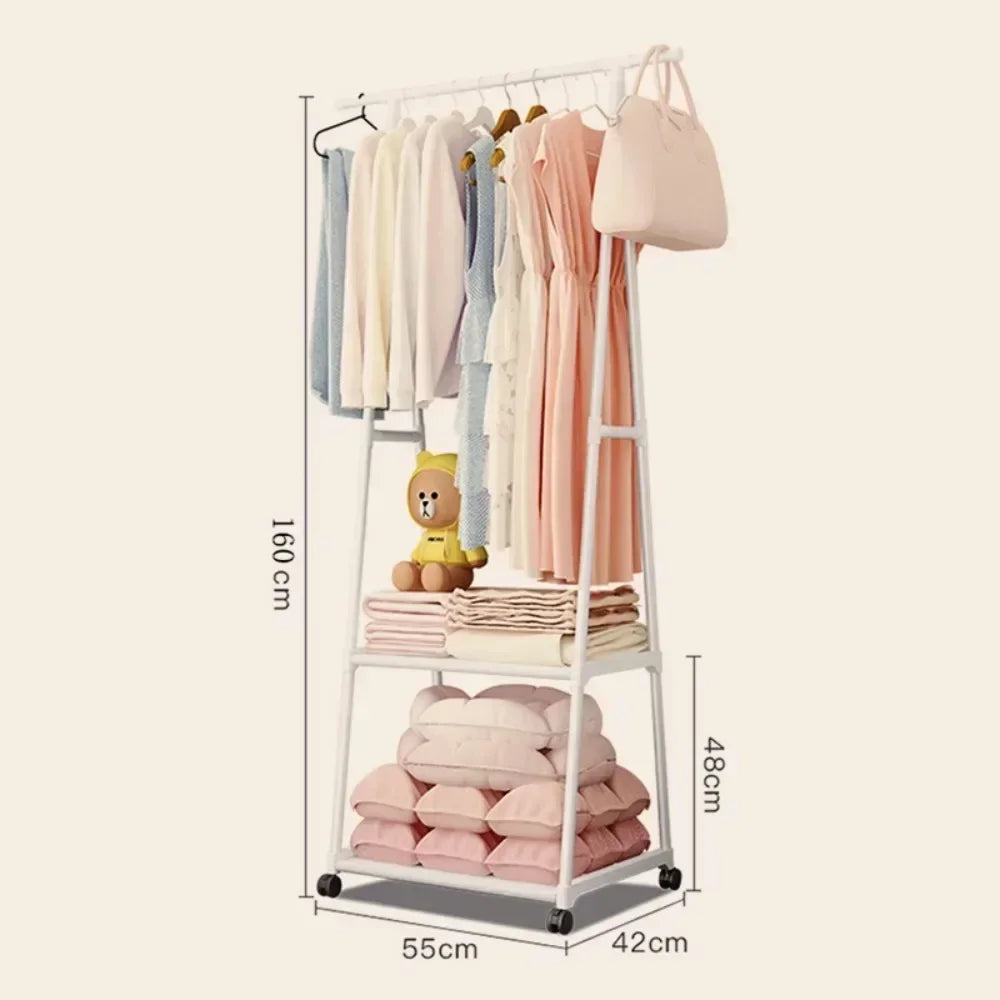 Multifunctional Storage Floor Standing Clothes Rack Simple Mobile Drying Rack Dormitory Space-saving Household Garment Organizer