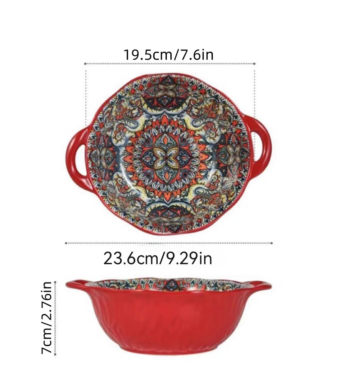 Bohemian Style Ceramic Soup Bowl with Handle Microwave Safe Embossed Design Great for serving soups salads ramen noodles