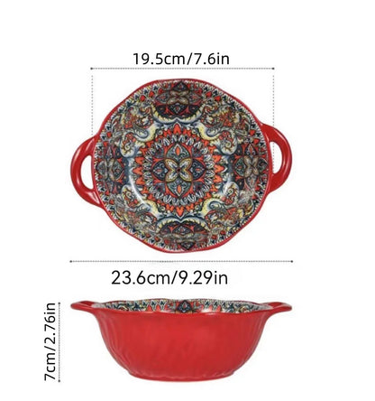 Bohemian Style Ceramic Soup Bowl with Handle Microwave Safe Embossed Design Great for serving soups salads ramen noodles