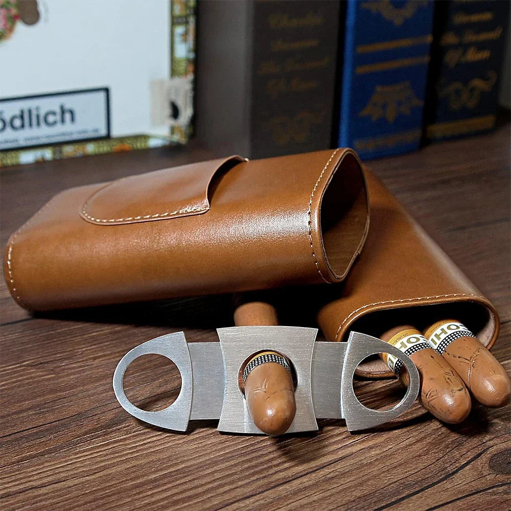 Cigar Case Travel Humidor Kit Leather Cigar Case Cedar Wood Lining Travel Humidors for Cigars With Stainless Steel Cigar Cutter