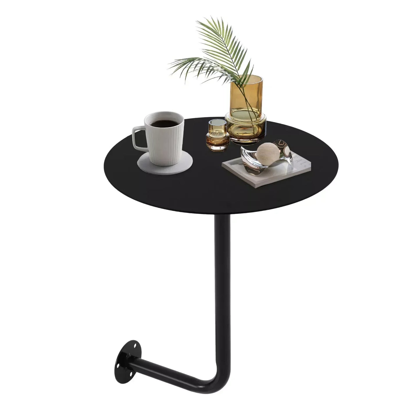 Wall Mounted L-Shaped Round Black Bar Table Space-Saving Table- Ideal for Coffee, Pub & Counter Use At Bar Height