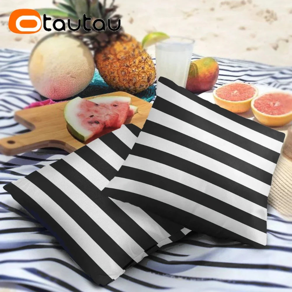 OTAUTAU Outdoor Sofa Cushion Cover Without Filler Swim Pool Beach Throw Pillowcase Soft Waterproof Stripe Oxford Pillow KD021