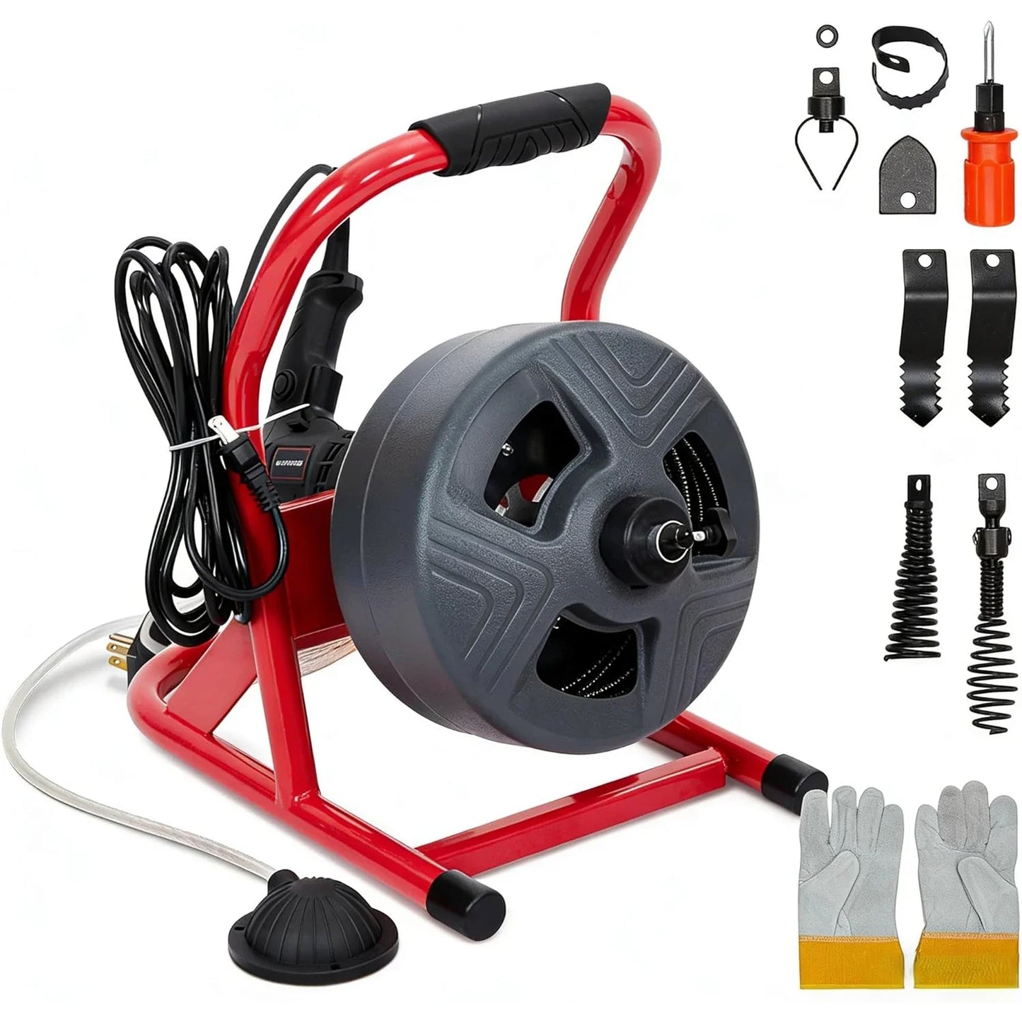 50Ft x 5/16 Inch Electric Drain Auger Cleaner Sewer Snake Machine Foot Switch with 6 Cutters,Glove for 3/4 to 3 Inch Pipes