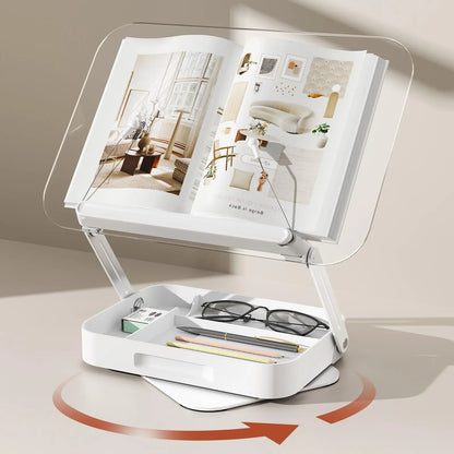 NEW Acrylic Book Stand with Storage for Reading Adjustable Book Holder with 360° Rotating Base Foldable Desktop Riser Stand