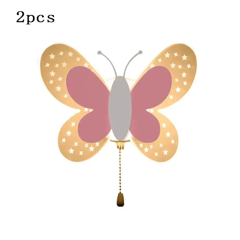 Creativity Butterfly Children's Room Wall Lamp Pink Pull Switch Wall Sconces Indoor Bedside Room Aisle Decorative Lights
