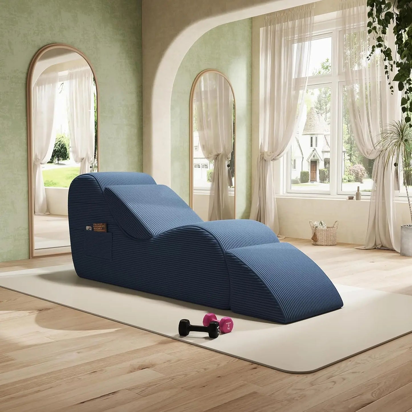 Corduroy Yoga Sofa - All Sponge Filled Stretching Lounge Chair with Side Pocket for Home Fitness & Relaxation