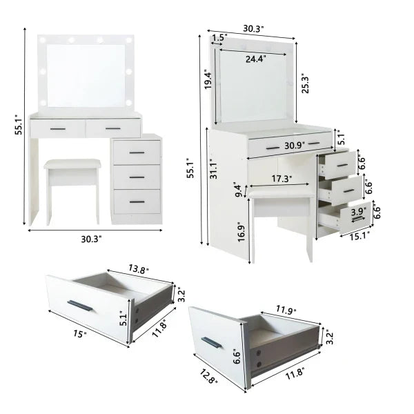 Adjustable white dressing table with 5 drawers