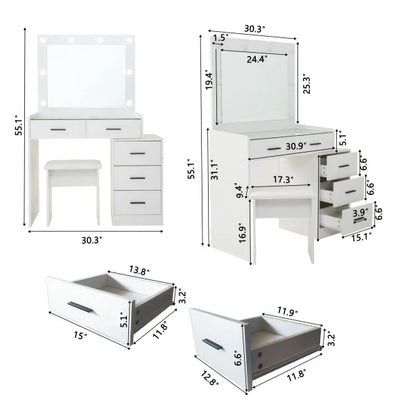 Adjustable white dressing table with 5 drawers