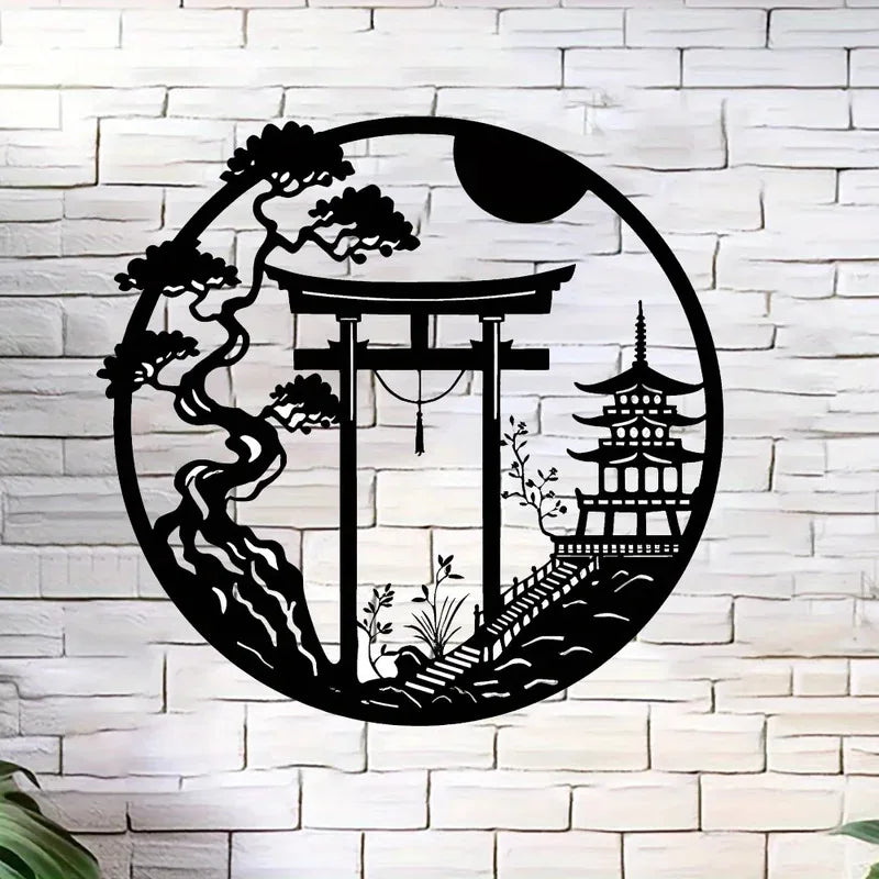 Fashion New Elegant Japanese Bird & Torii Gate Metal Wall Art, Easy-to-Hang Sparrow Door Sculpture for Modern Home Office Decor