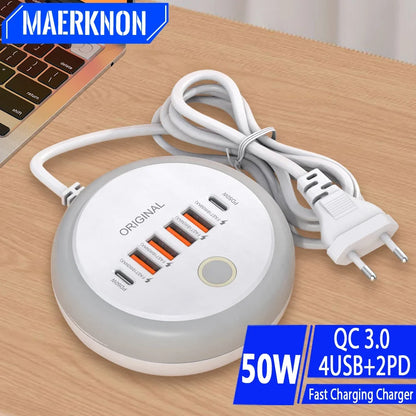 Multi Ports PD Type C Fast Charging Wall Charger 50W USB Charger USB Hub For Samsung iPhone Xiaomi EU/US/UK Plug Phone Charger