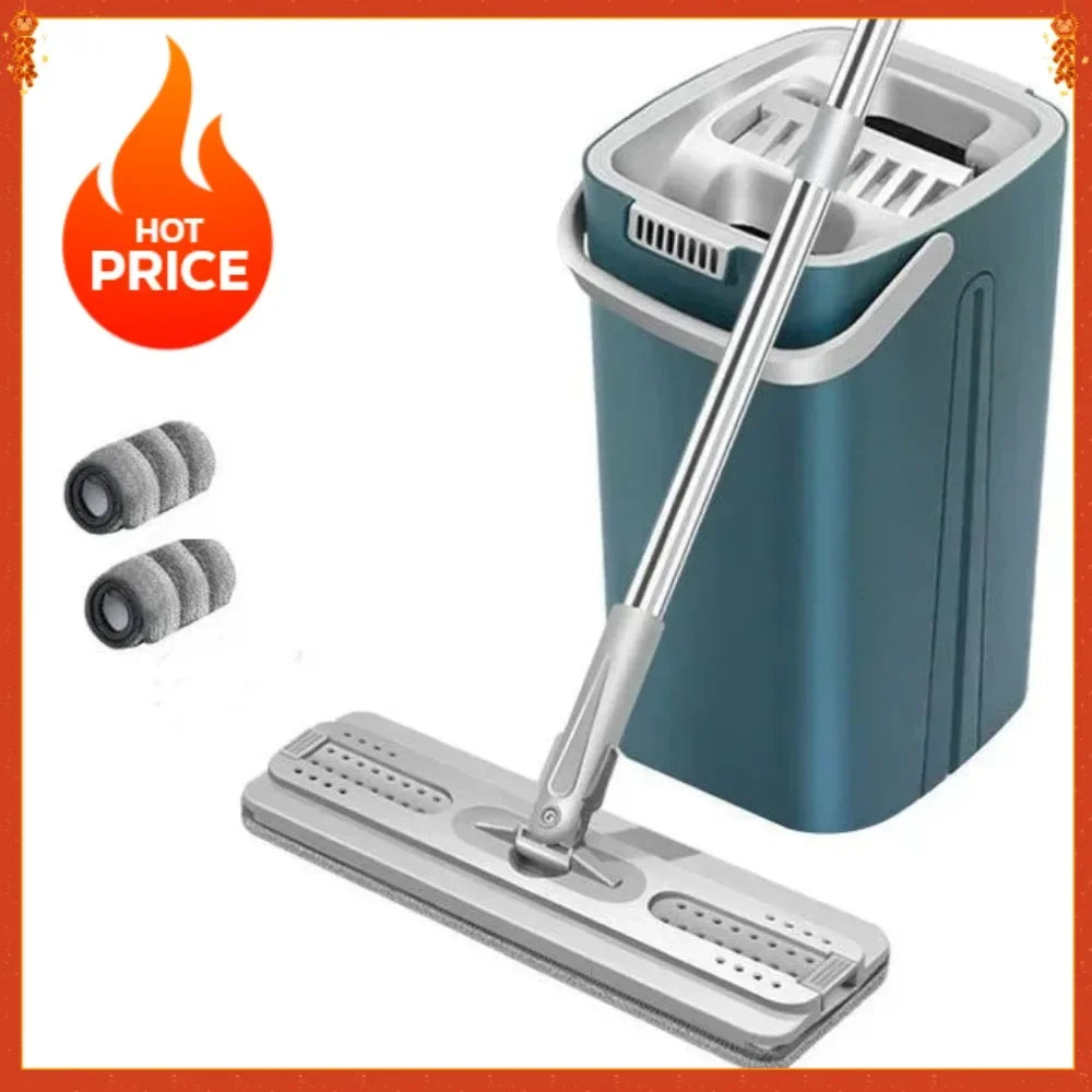Hands-free Flat Floor Mop Bucket - Microfiber Magic Cleaning Tool with Squeegee Scalable Wet Dry Use for Home Kitchen Household