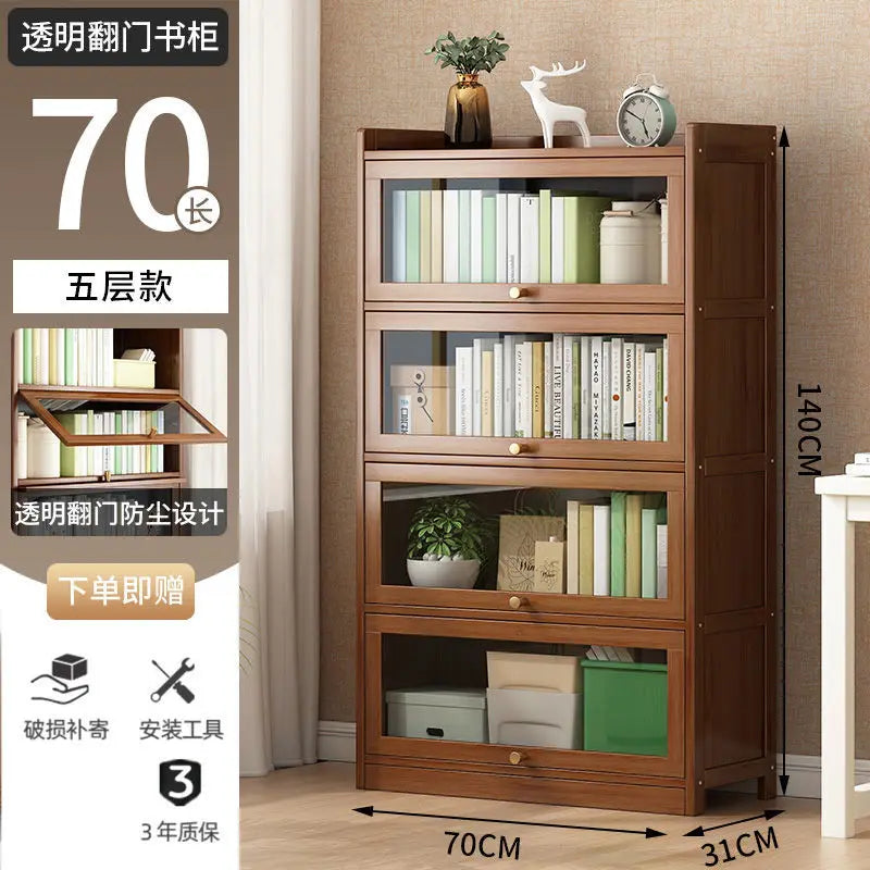Modern Bamboo Bookshelf Storage Cabinet with Flip Doors 4/5/6 Tier Bookcase for Living Room Bedroom Office