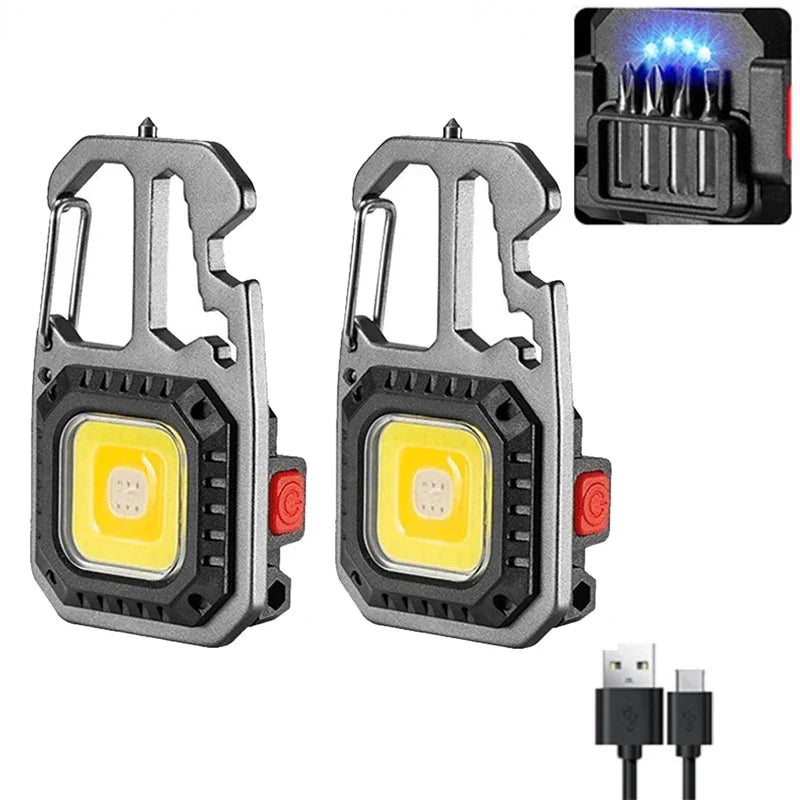 Mini LED Keychain Portable Work Light Pocket Flashlight USB Rechargeable Outdoor Camping Lamp With Window Hammer Bottle Opener