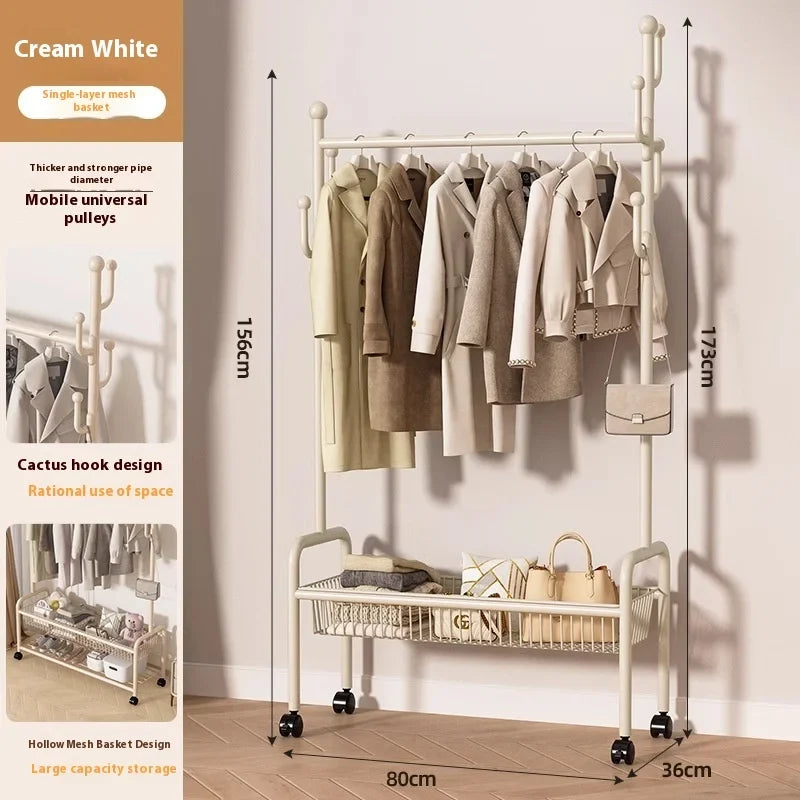 Metal Cream Wheeled Standing Coat Rack Clothes Rack Hat Bag Hanger Bedroom Entryway Hall Closet Organizer Home Furniture