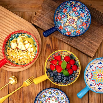 Bohemian Ceramic Hand-Painted Embossed Patterned Salad Bowl with Handle Kitchen Bakeware Microwave & Oven Safe 1 pc