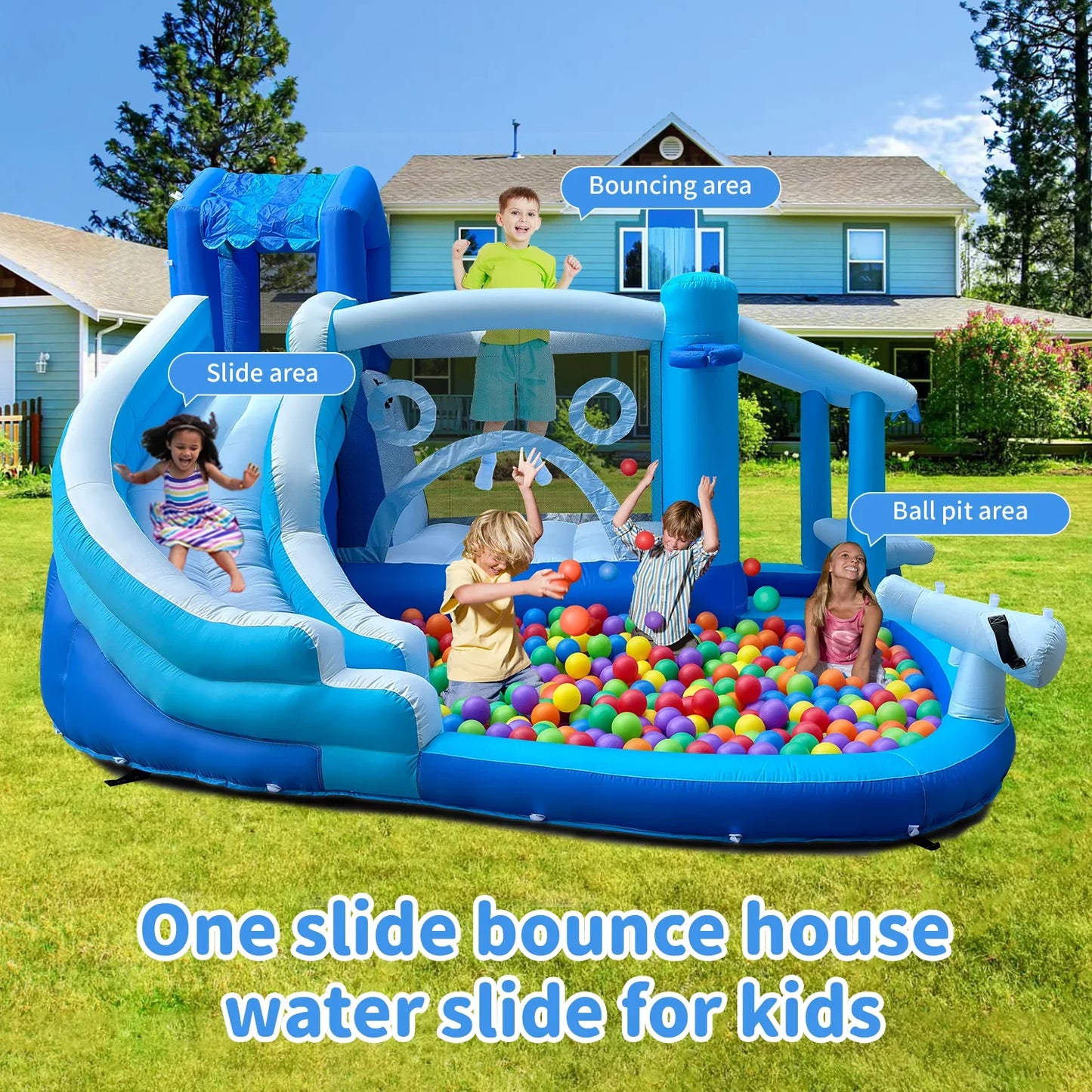 Inflatable  Water Slide Park-Huge Splash Pool-Easy to Set Up & Inflate with Air Blower,Bule   Water Slid Outdoor Use