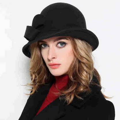 Hat Children Elegant Retro Woolen Top Hat Curled Edge Bow Fashion Pot Hat Big Head Circumference Felt Palace Hat
