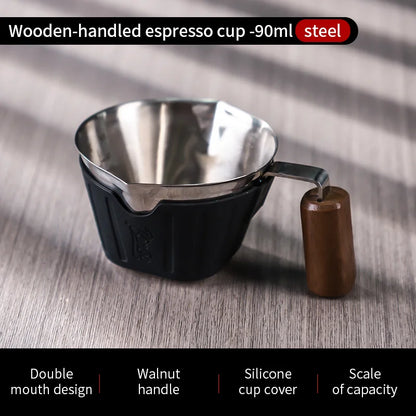Bincoo Professional Espresso Measuring Cup, 90ml Dual Spout with Wood Handle and ml/oz Scales for Barista-Level Control