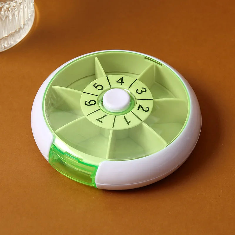 7-Day Weekly Pill Organizer - Portable Round Rotary Pill Box with 7 Compartments, Mini Medicine Case for Pills & Beads Storage