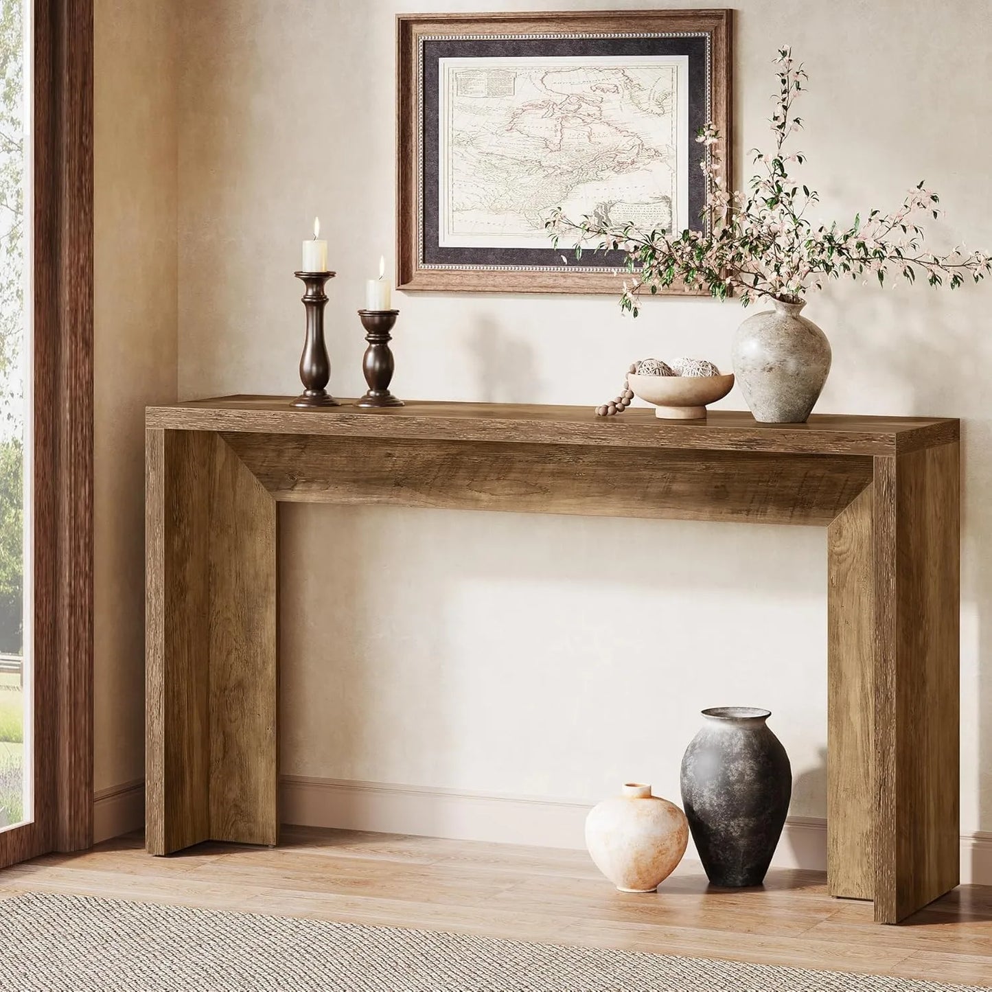 55-Inch Farmhouse Console Table, Wooden Sofa Table with Storage for Entryway