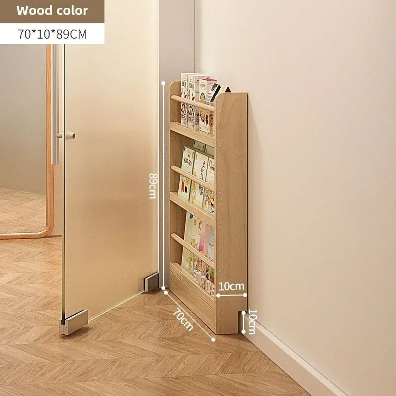 Solid wood bookshelf, floor standing wall mounted multi-layer storage rack, household bookshelf, thin bookshelf behind the door