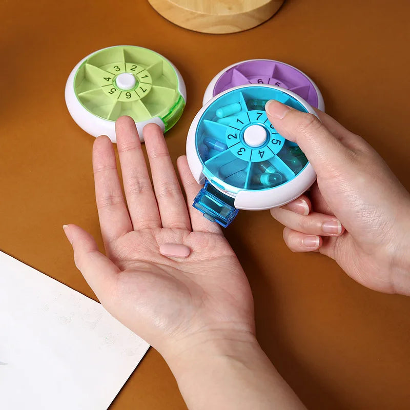 7-Day Weekly Pill Organizer - Portable Round Rotary Pill Box with 7 Compartments, Mini Medicine Case for Pills & Beads Storage