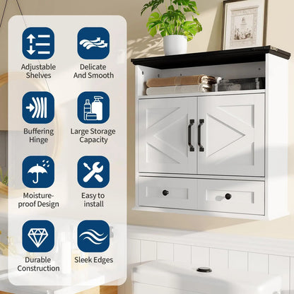 Wall Mounted Farmhouse Medicine Cabinet Over Toilet Storage With Barn Doors Adjustable Shelves Removable Drawer Bathroom Cabinet