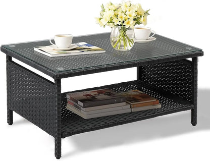 Outdoor Wicker CoffeeTable Patio Coffee Tables for Outside, Tempered Glass Top Wicker Table with Storage Coffee Table for Patio