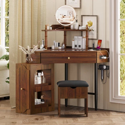 Vanity Desk Set with Storage Cushioned Stool and Charging Station, Triangle Makeup Desk with