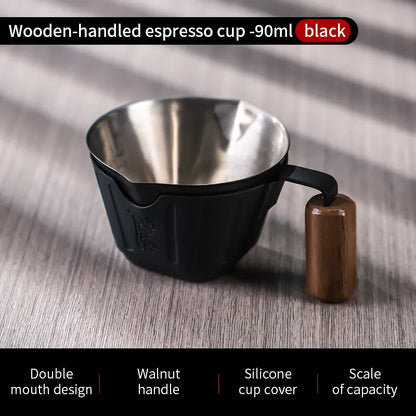 Bincoo Professional Espresso Measuring Cup, 90ml Dual Spout with Wood Handle and ml/oz Scales for Barista-Level Control