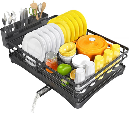 Spacious Kitchen Dish Rack with Drainboard - Rust-Resistant Countertop Drainer with Utensil Holder for Efficient Drying