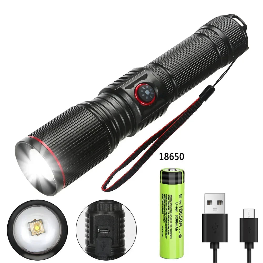 Powerful LED White Laser Flashlight 18650 or 21700 Battery Aluminum Alloy Zoom Torch Light Lamp with Tail Rope Power Indicator