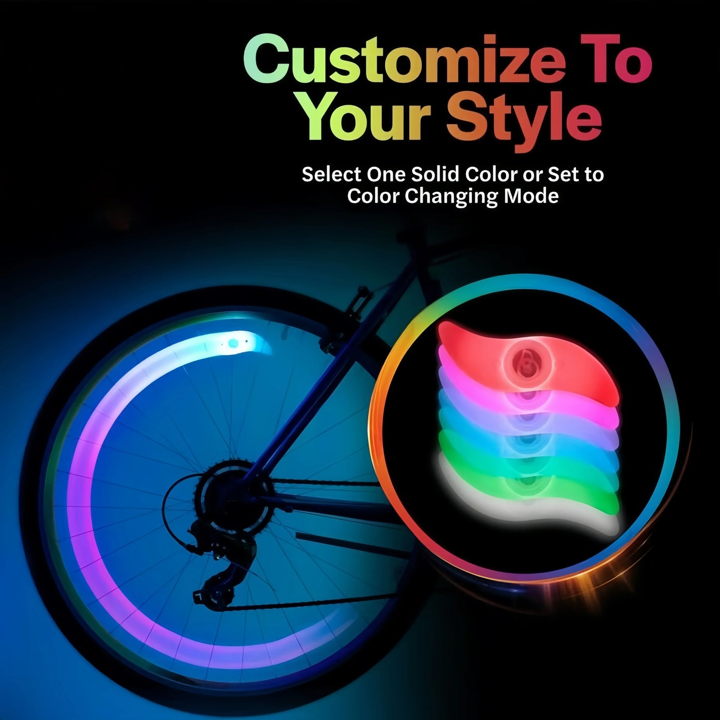 2 Pcs LED Bike Wheel Lights, 2-Pack - Color Changing & Color Select Modes - Light Up Your Spokes - Morph Through Rainbow Colors