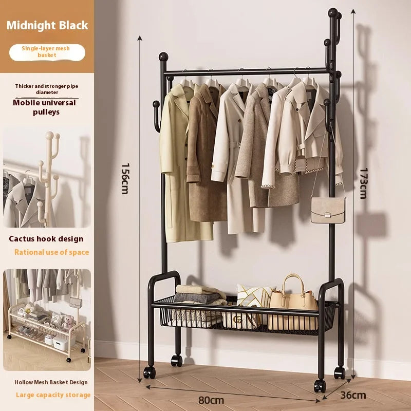 Metal Cream Wheeled Standing Coat Rack Clothes Rack Hat Bag Hanger Bedroom Entryway Hall Closet Organizer Home Furniture