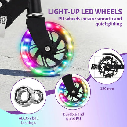 Kids Kick Scooter With LED Light Up Wheels Adjustable Height Foldable Lightweight Toddler Scooter For Boys Girls Age 3-12