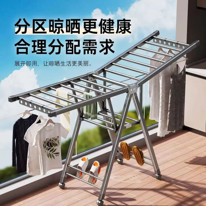 Folding clothes rack home movable balcony bedroom clothes rack clothes rod telescopic clothes rack