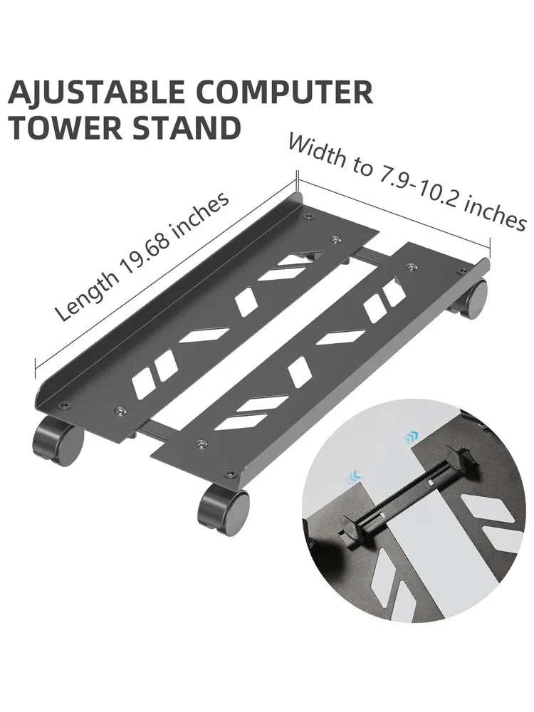 Adjustable Metal Computer Tower Stand, PC Floor Stand with 4 Caster Wheels Fits Most PC, Under Desk CPU Holder PC Floor Cart
